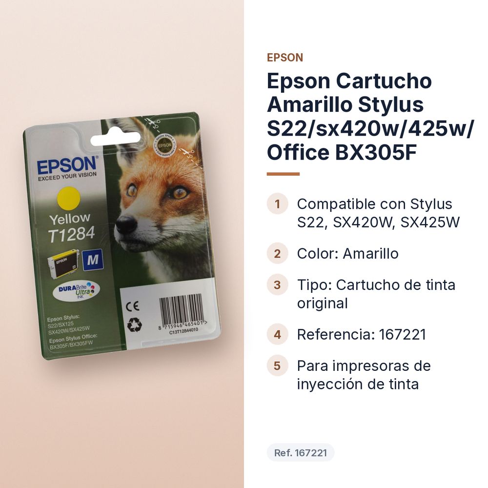 EPSON CARTUCHO AMARILLO STYLUS S22/SX420W/425W/ OFFICE BX305F - características principales
