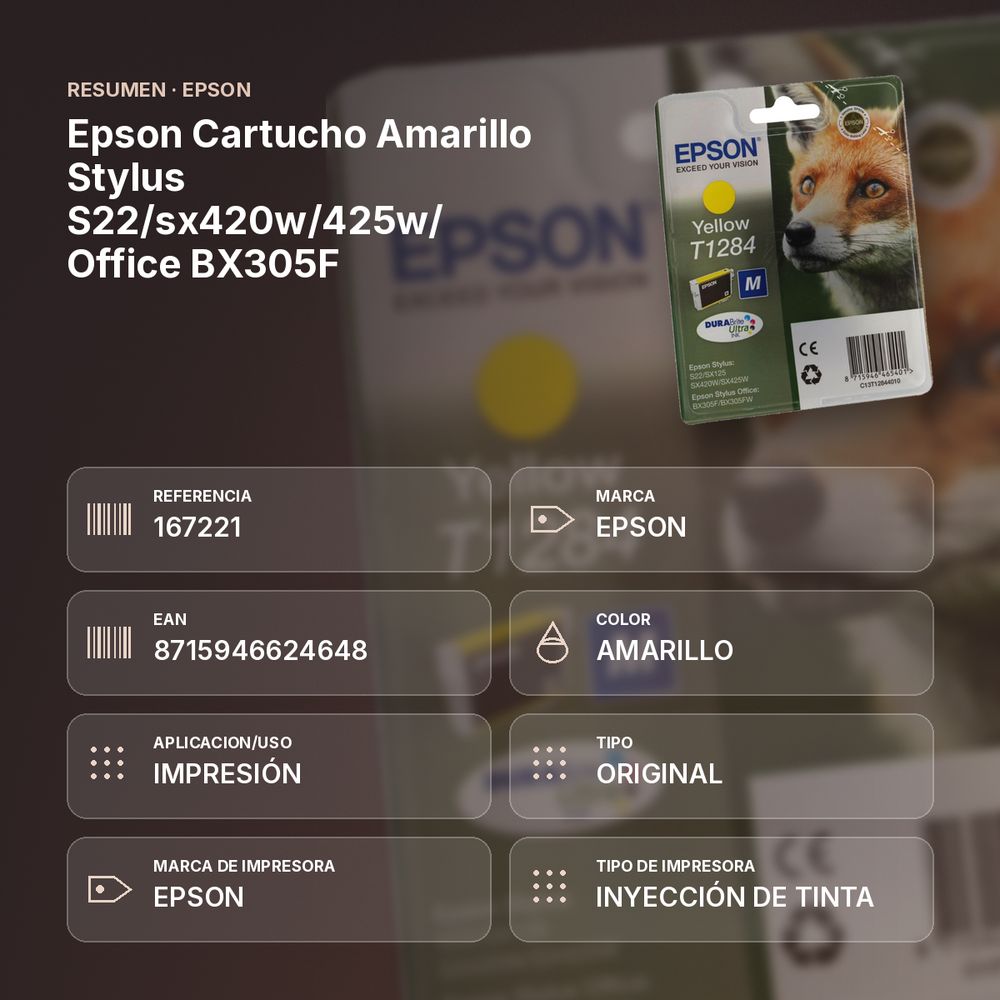 EPSON CARTUCHO AMARILLO STYLUS S22/SX420W/425W/ OFFICE BX305F - resumen de atributos