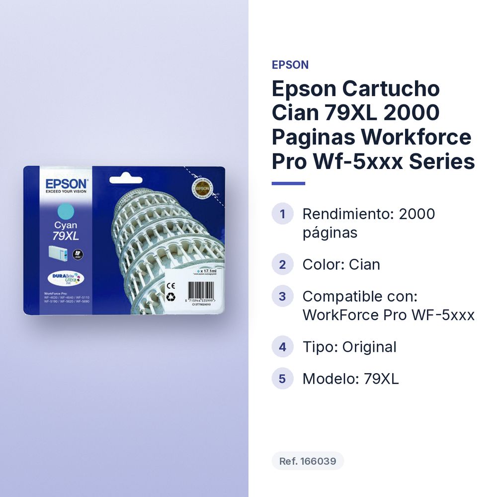 EPSON CARTUCHO CIAN 79XL 2000 PAGINAS WORKFORCE PRO WF-5XXX SERIES - características principales