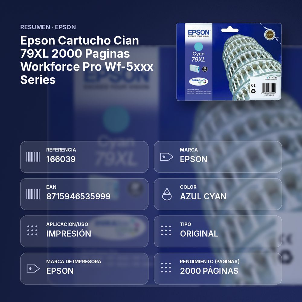 EPSON CARTUCHO CIAN 79XL 2000 PAGINAS WORKFORCE PRO WF-5XXX SERIES - resumen de atributos