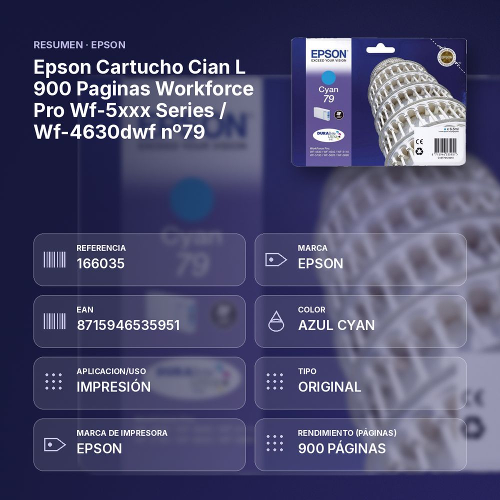 EPSON CARTUCHO CIAN L 900 PAGINAS WORKFORCE PRO WF-5XXX SERIES / WF-4630DWF Nº79 - resumen de atributos