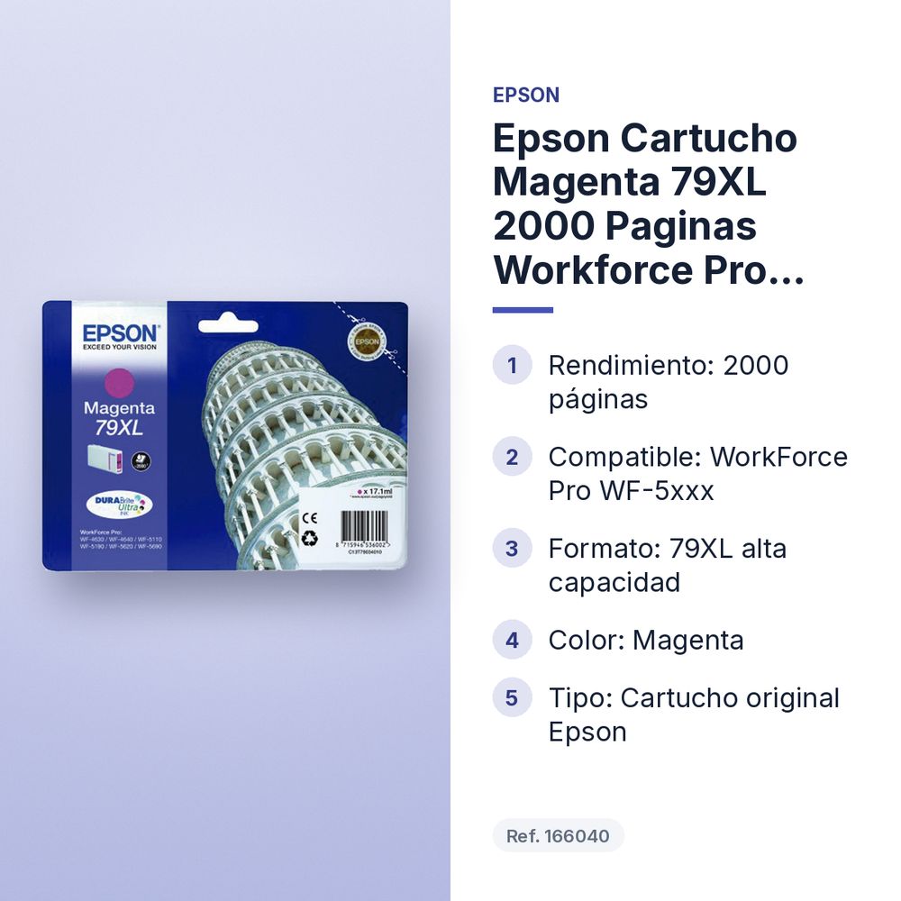 EPSON CARTUCHO MAGENTA 79XL 2000 PAGINAS WORKFORCE PRO WF-5XXX SERIES - características principales