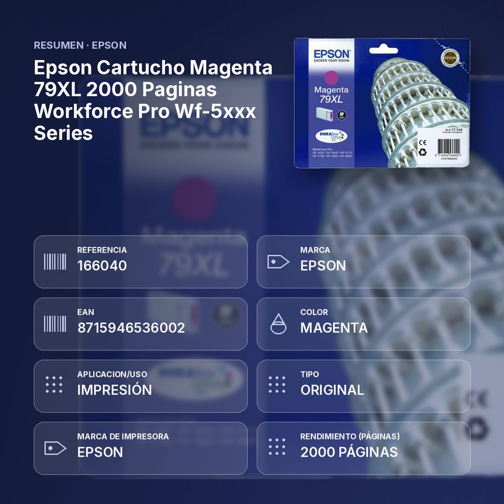 EPSON CARTUCHO MAGENTA 79XL 2000 PAGINAS WORKFORCE PRO WF-5XXX SERIES - resumen de atributos