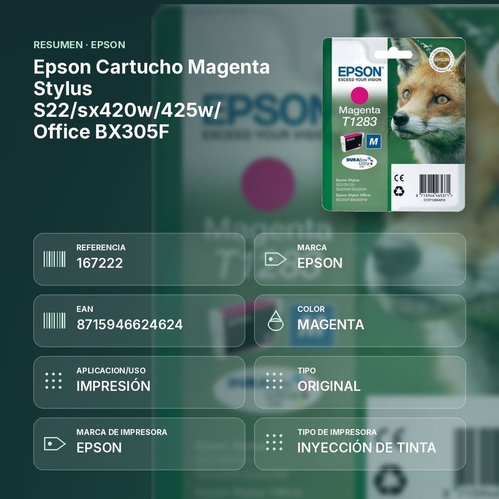 EPSON CARTUCHO MAGENTA STYLUS S22/SX420W/425W/ OFFICE BX305F - resumen de atributos