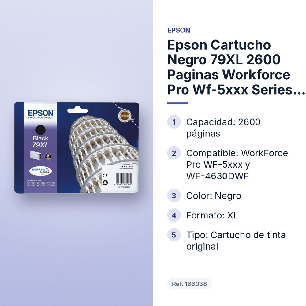 EPSON CARTUCHO NEGRO 79XL 2600 PAGINAS WORKFORCE PRO WF-5XXX SERIES / WF-4630DWF - características principales