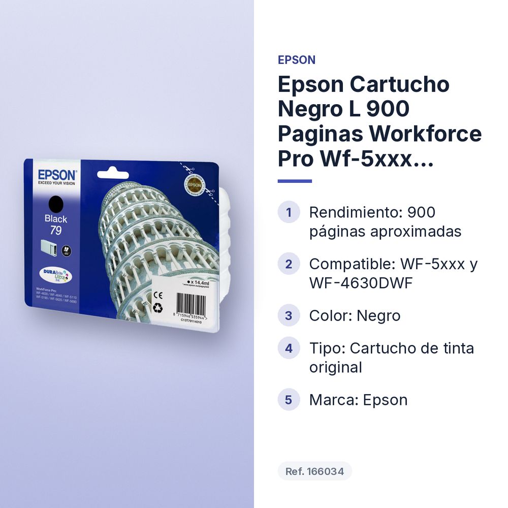 EPSON CARTUCHO NEGRO L 900 PAGINAS WORKFORCE PRO WF-5XXX SERIES/ WF-4630DWF Nº79 - características principales
