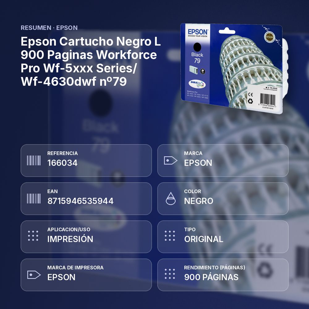 EPSON CARTUCHO NEGRO L 900 PAGINAS WORKFORCE PRO WF-5XXX SERIES/ WF-4630DWF Nº79 - resumen de atributos