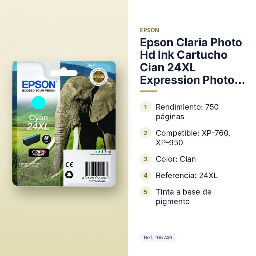 EPSON CLARIA PHOTO HD INK CARTUCHO CIAN 24XL EXPRESSION PHOTO XP-760/950 - características principales