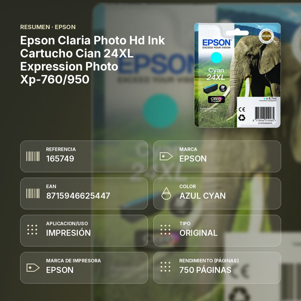 EPSON CLARIA PHOTO HD INK CARTUCHO CIAN 24XL EXPRESSION PHOTO XP-760/950 - resumen de atributos
