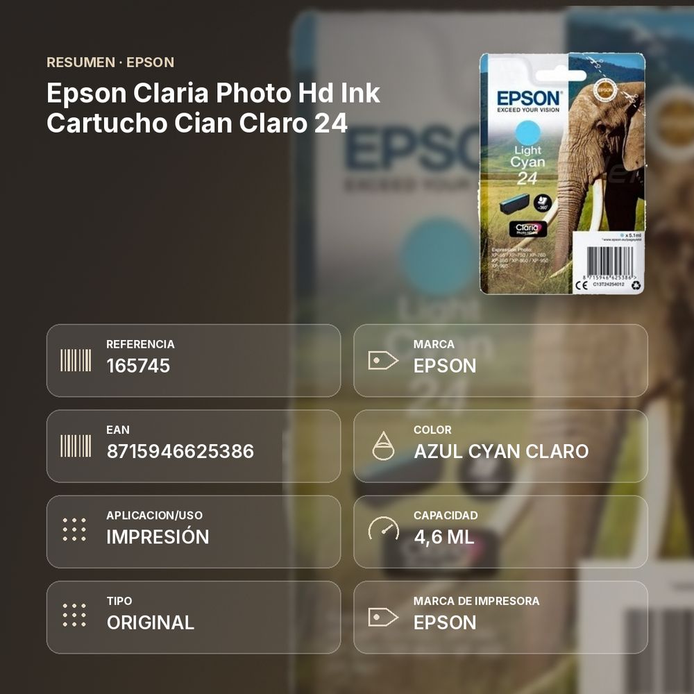 EPSON CLARIA PHOTO HD INK CARTUCHO CIAN CLARO 24 - resumen de atributos