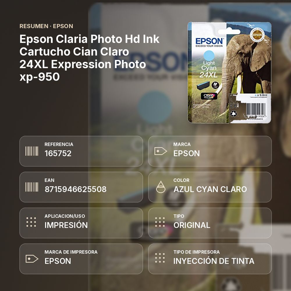 EPSON CLARIA PHOTO HD INK CARTUCHO CIAN CLARO 24XL EXPRESSION PHOTO XP-950 - resumen de atributos