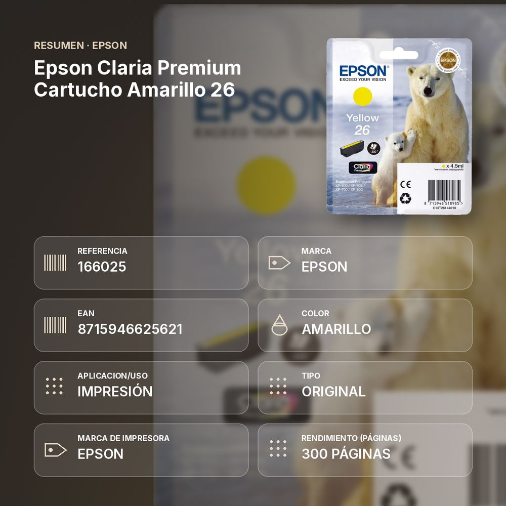 EPSON CLARIA PREMIUM CARTUCHO AMARILLO 26 - resumen de atributos