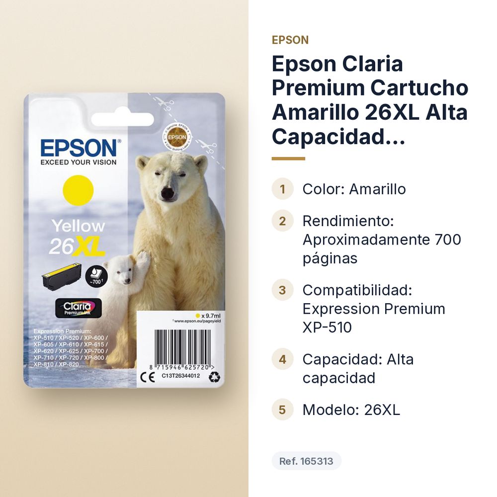 EPSON CLARIA PREMIUM CARTUCHO AMARILLO 26XL ALTA CAPACIDAD EXPRESSION PREMIUM XP-510 - características principales