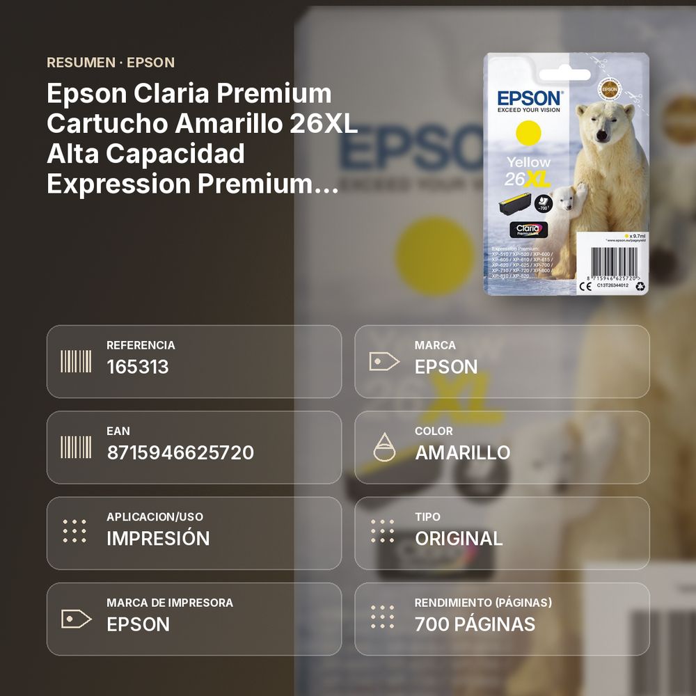 EPSON CLARIA PREMIUM CARTUCHO AMARILLO 26XL ALTA CAPACIDAD EXPRESSION PREMIUM XP-510 - resumen de atributos