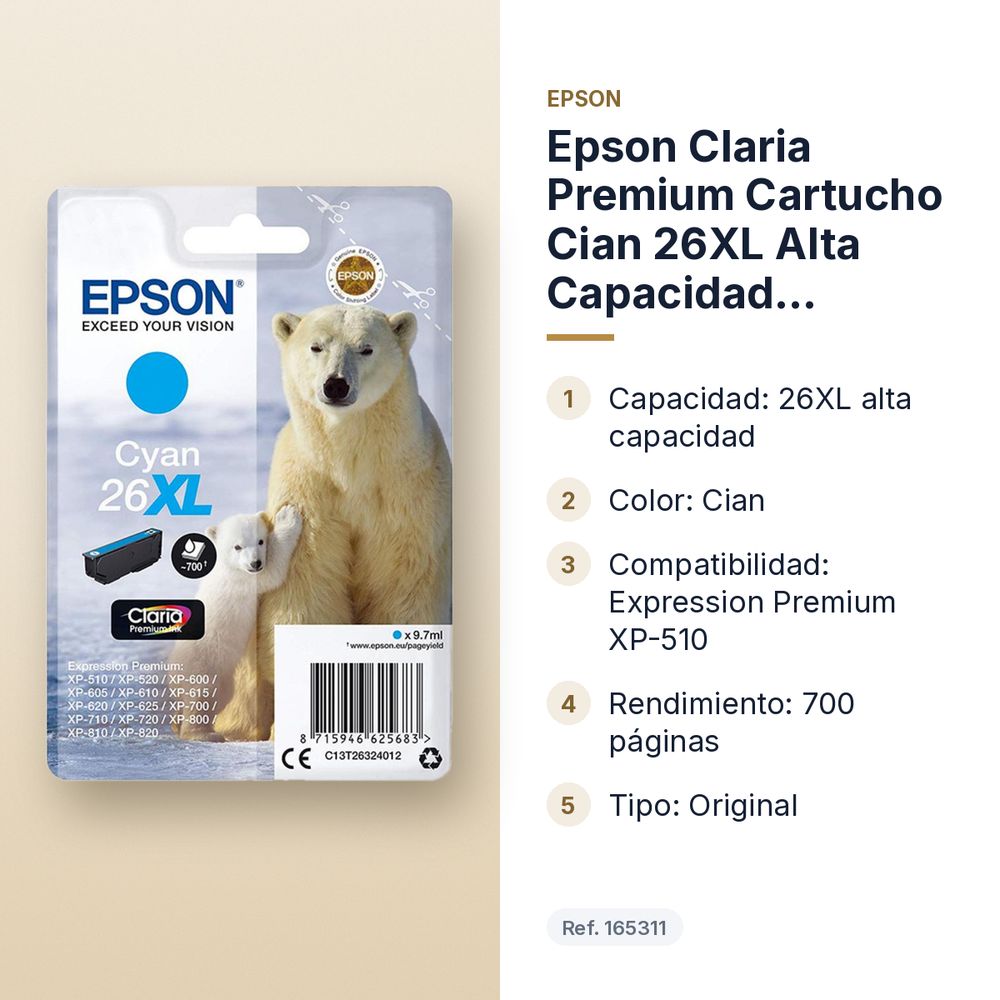 EPSON CLARIA PREMIUM CARTUCHO CIAN 26XL ALTA CAPACIDAD EXPRESSION PREMIUM XP-510 - características principales
