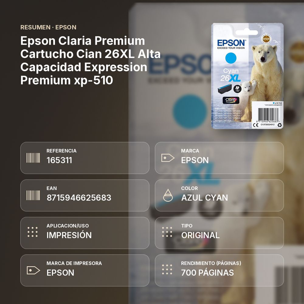 EPSON CLARIA PREMIUM CARTUCHO CIAN 26XL ALTA CAPACIDAD EXPRESSION PREMIUM XP-510 - resumen de atributos