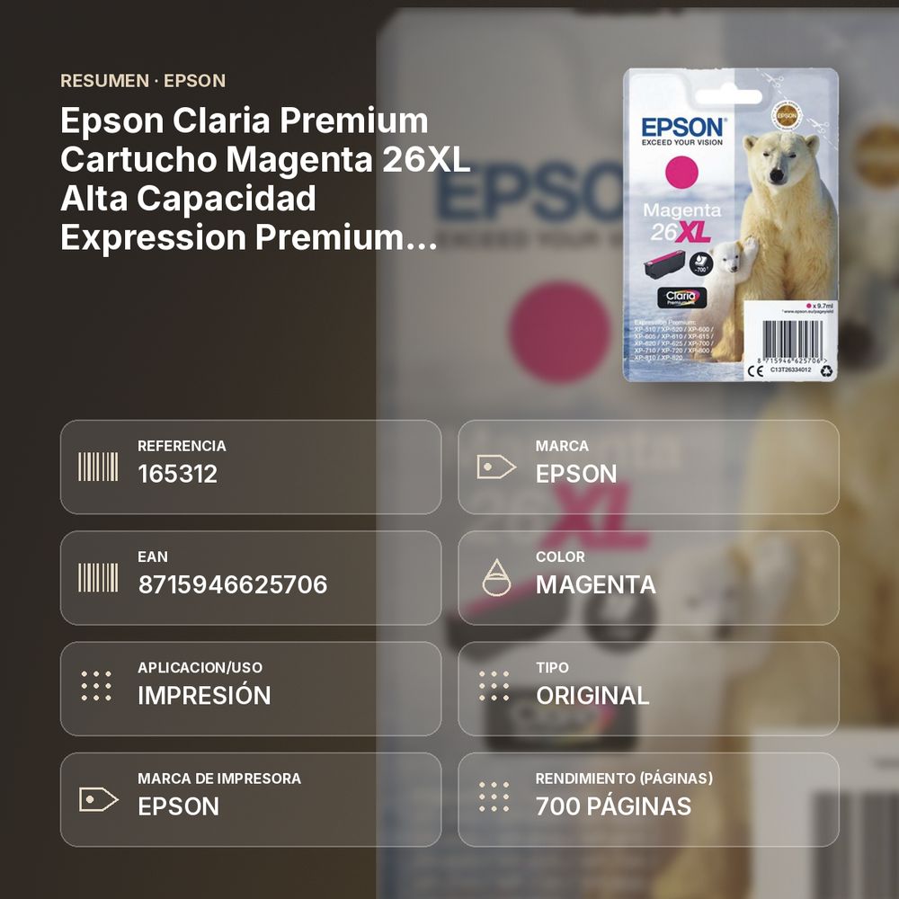 EPSON CLARIA PREMIUM CARTUCHO MAGENTA 26XL ALTA CAPACIDAD EXPRESSION PREMIUM XP-510 - resumen de atributos