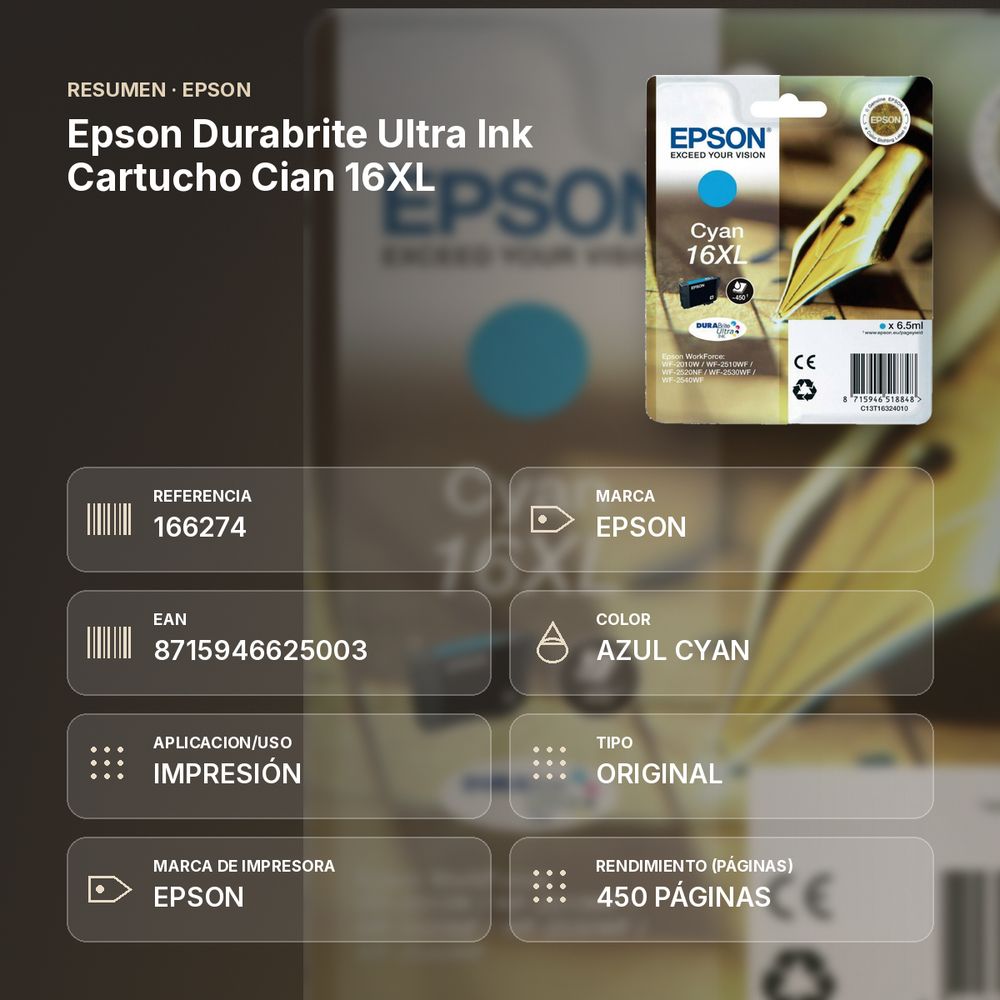 EPSON DURABRITE ULTRA INK CARTUCHO CIAN 16XL - resumen de atributos