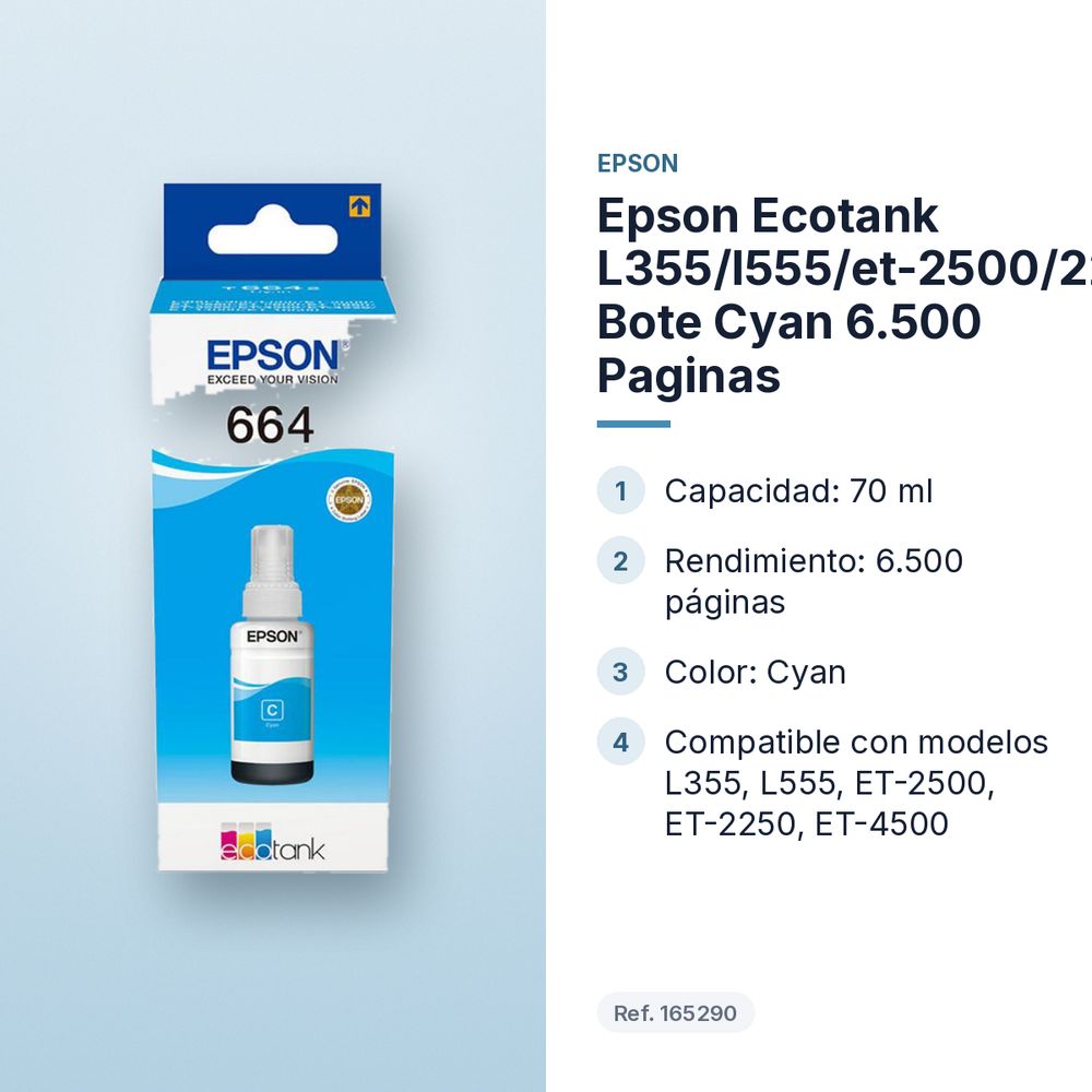 EPSON ECOTANK L355/L555/ET-2500/2250/4500/4550 BOTE CYAN 6.500 PAGINAS - características principales
