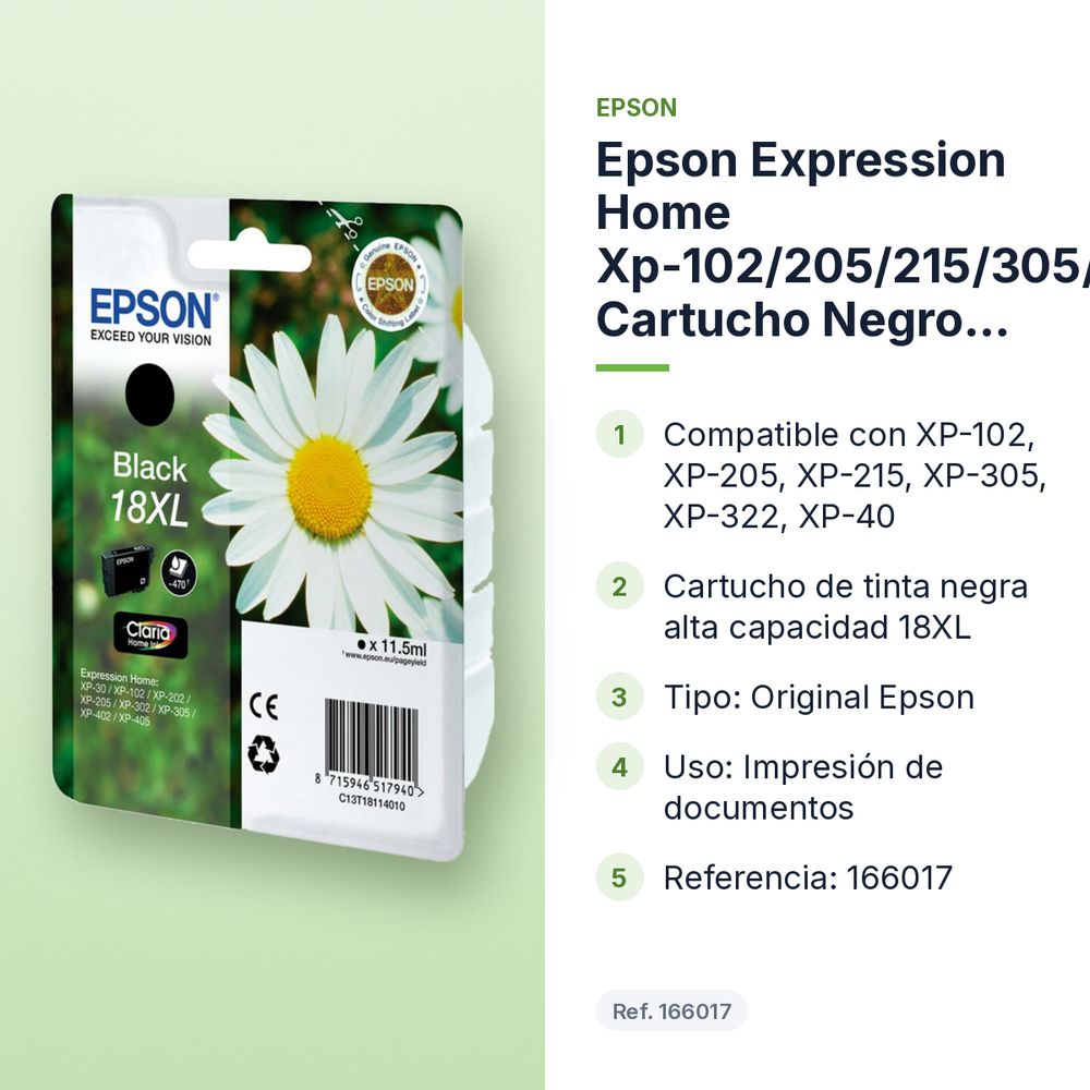 EPSON EXPRESSION HOME XP-102/205/215/305/322/405/422 CARTUCHO NEGRO ALTA CAPACIDAD 18XL - características principales