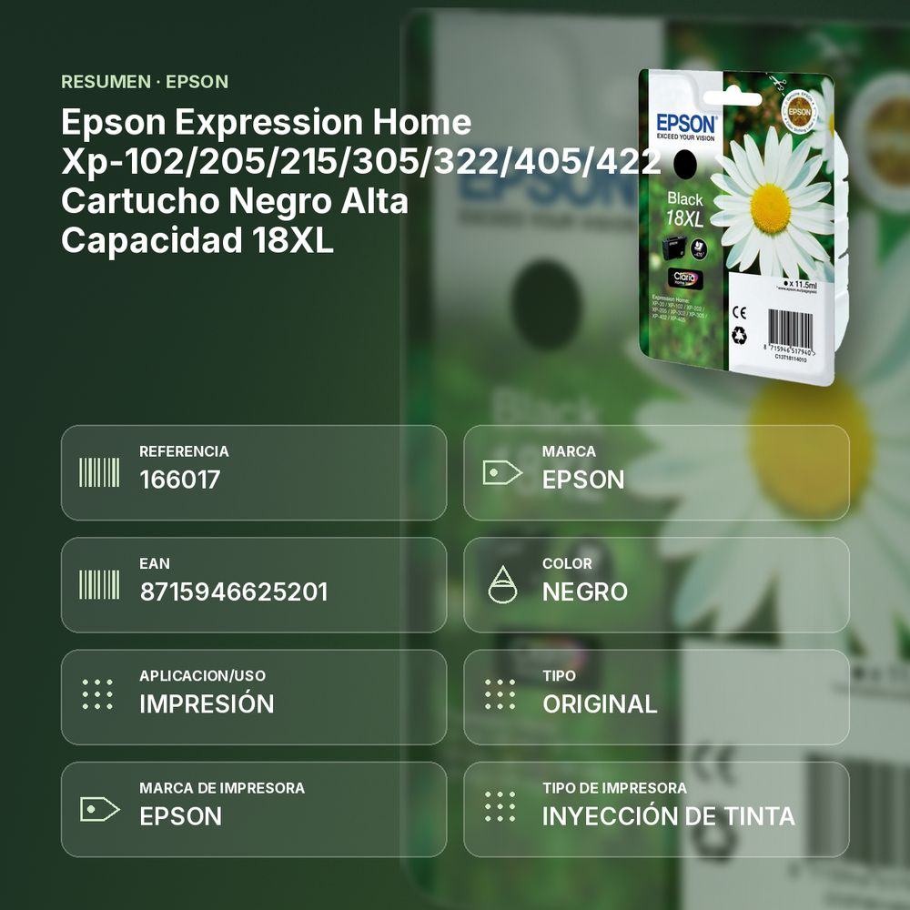 EPSON EXPRESSION HOME XP-102/205/215/305/322/405/422 CARTUCHO NEGRO ALTA CAPACIDAD 18XL - resumen de atributos