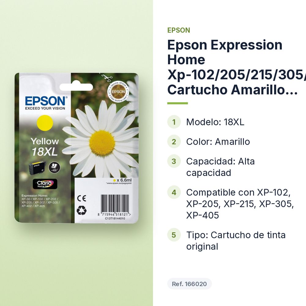 EPSON EXPRESSION HOME XP-102/205/215/305/405 CARTUCHO AMARILLO ALTA CAPACIDAD 18XL - características principales