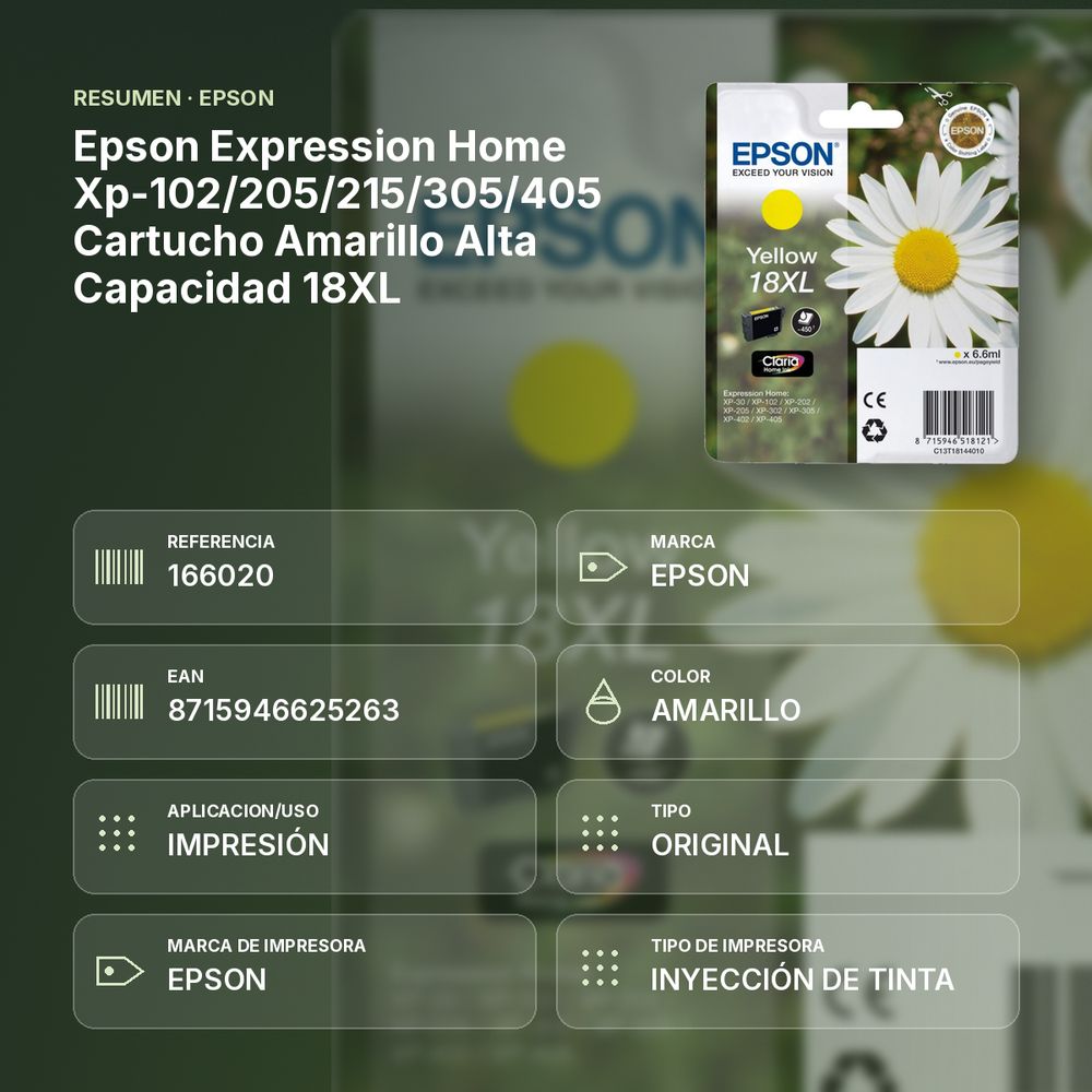 EPSON EXPRESSION HOME XP-102/205/215/305/405 CARTUCHO AMARILLO ALTA CAPACIDAD 18XL - resumen de atributos