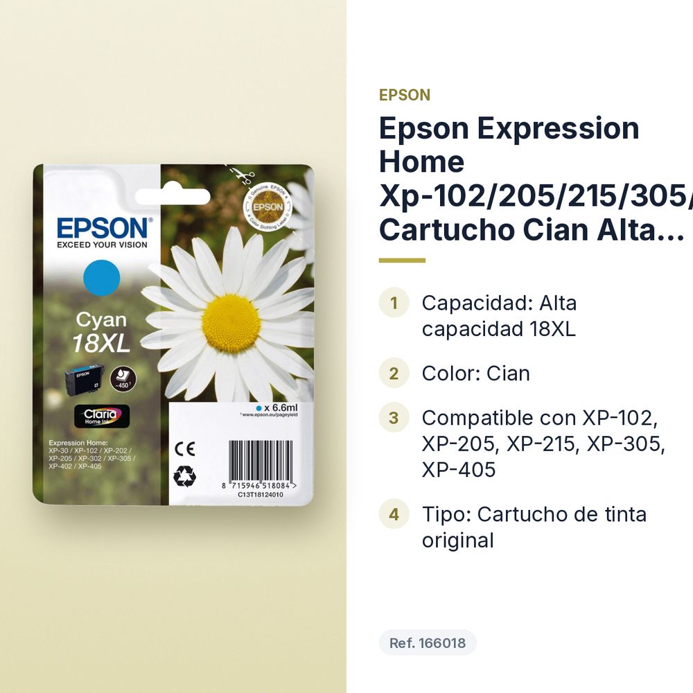EPSON EXPRESSION HOME XP-102/205/215/305/405 CARTUCHO CIAN ALTA CAPACIDAD 18XL - características principales
