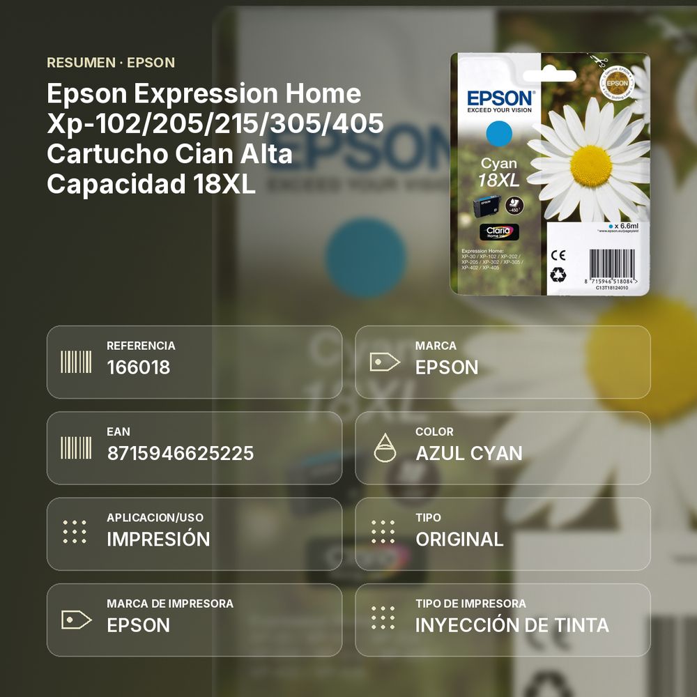 EPSON EXPRESSION HOME XP-102/205/215/305/405 CARTUCHO CIAN ALTA CAPACIDAD 18XL - resumen de atributos