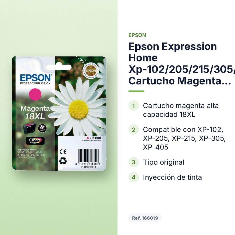 EPSON EXPRESSION HOME XP-102/205/215/305/405 CARTUCHO MAGENTA ALTA CAPACIDAD 18XL - características principales