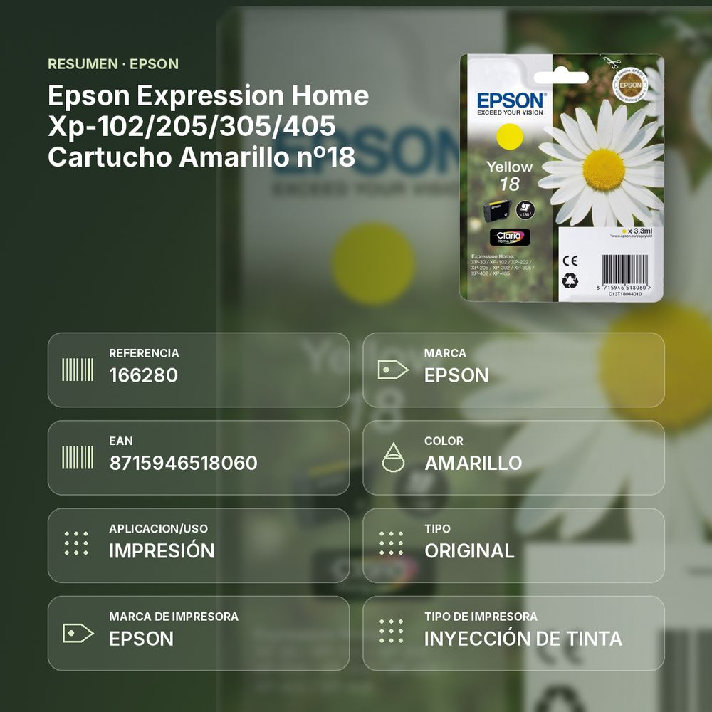EPSON EXPRESSION HOME XP-102/205/305/405 CARTUCHO AMARILLO Nº18 - resumen de atributos