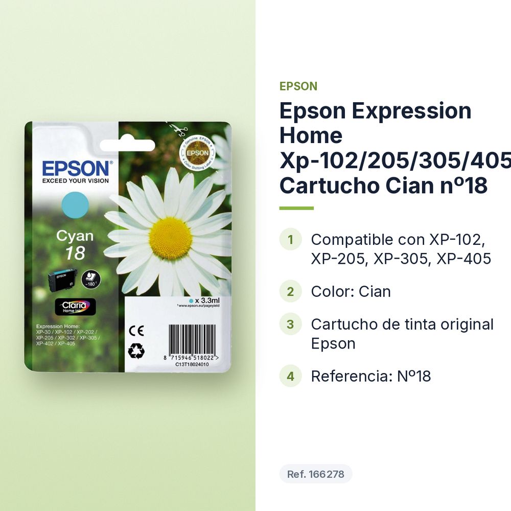 EPSON EXPRESSION HOME XP-102/205/305/405 CARTUCHO CIAN Nº18 - características principales