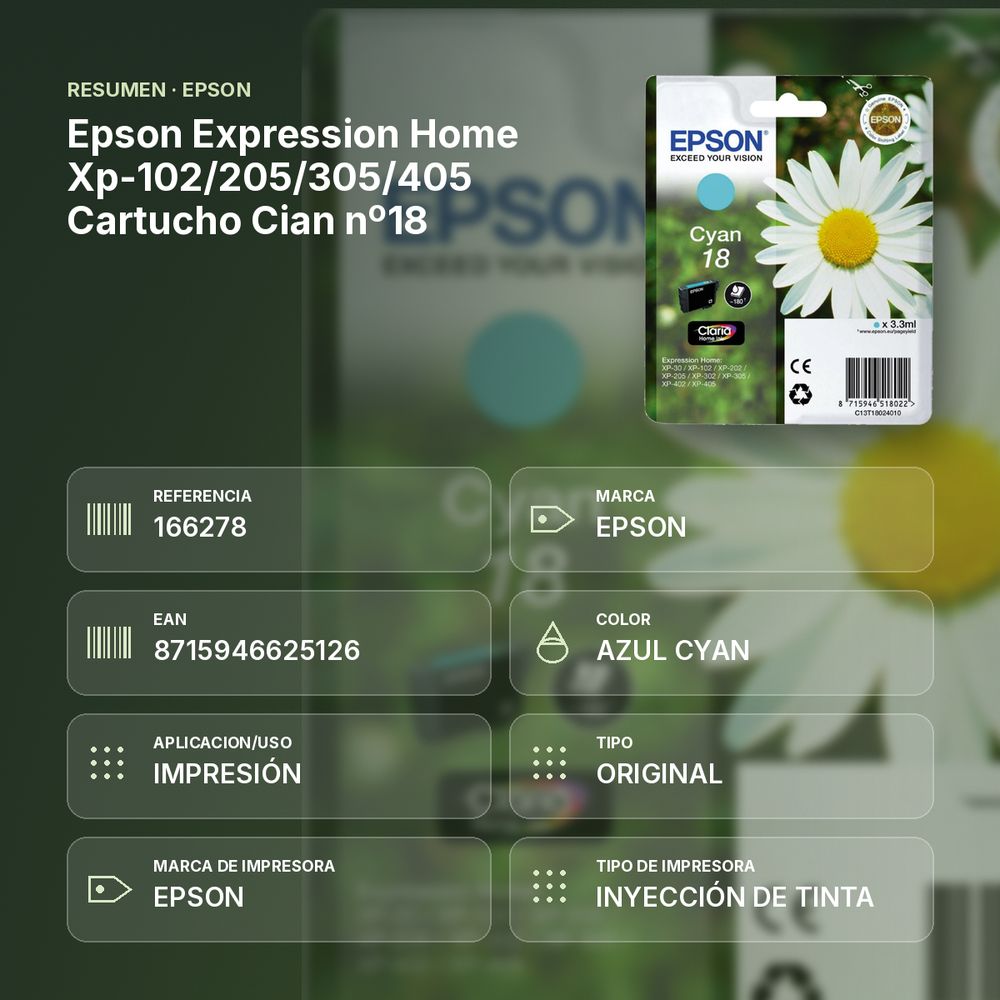 EPSON EXPRESSION HOME XP-102/205/305/405 CARTUCHO CIAN Nº18 - resumen de atributos