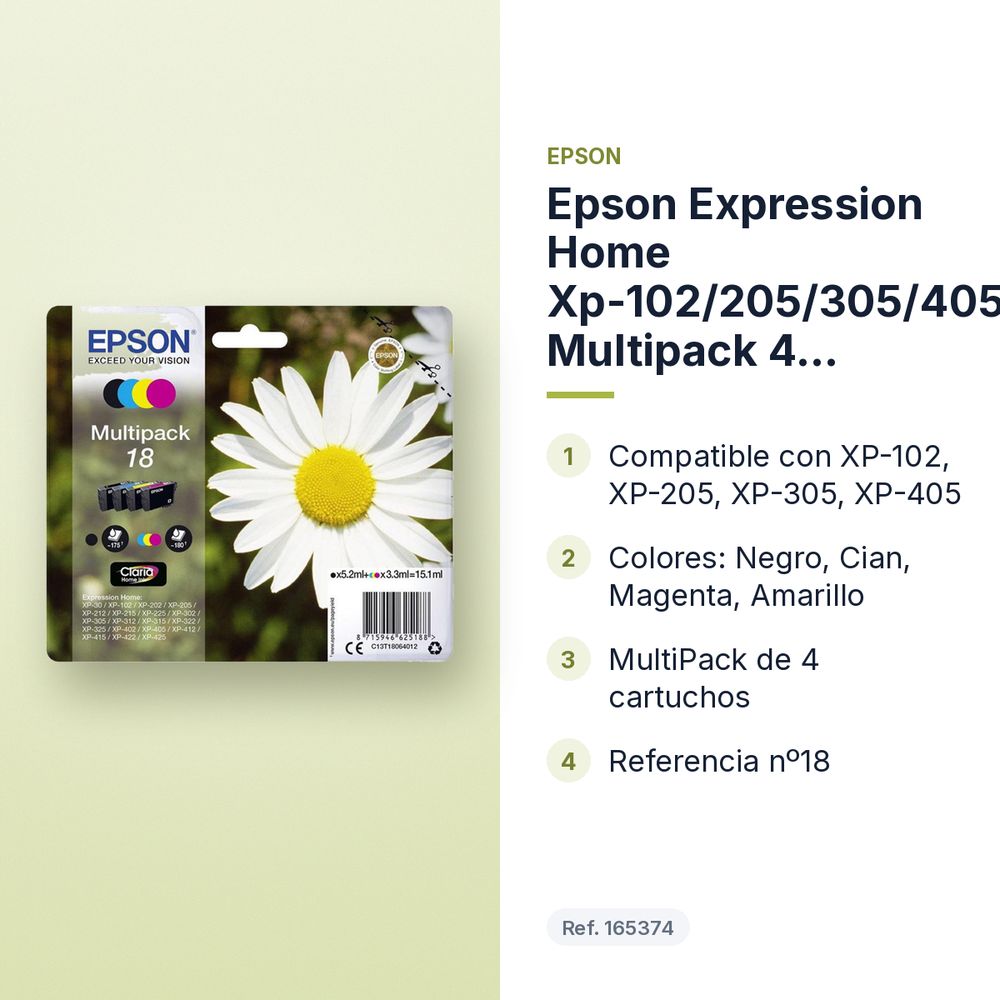 EPSON EXPRESSION HOME XP-102/205/305/405 MULTIPACK 4 CARTUCHOS (K,C,M,Y)Nº18 - características principales