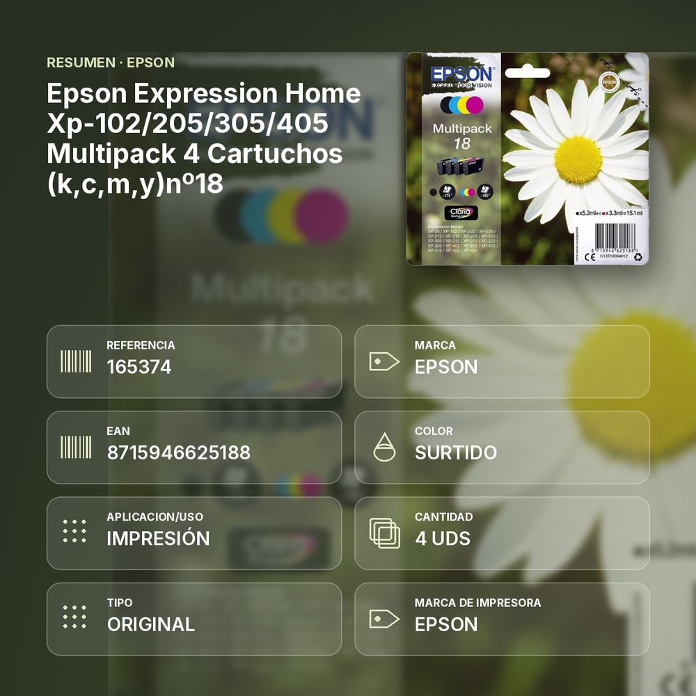 EPSON EXPRESSION HOME XP-102/205/305/405 MULTIPACK 4 CARTUCHOS (K,C,M,Y)Nº18 - resumen de atributos
