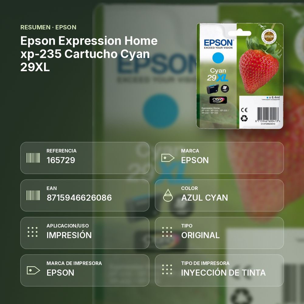 EPSON EXPRESSION HOME XP-235 CARTUCHO CYAN 29XL - resumen de atributos