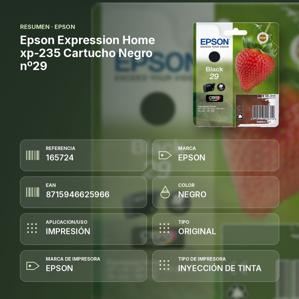 EPSON EXPRESSION HOME XP-235 CARTUCHO NEGRO Nº29 - resumen de atributos