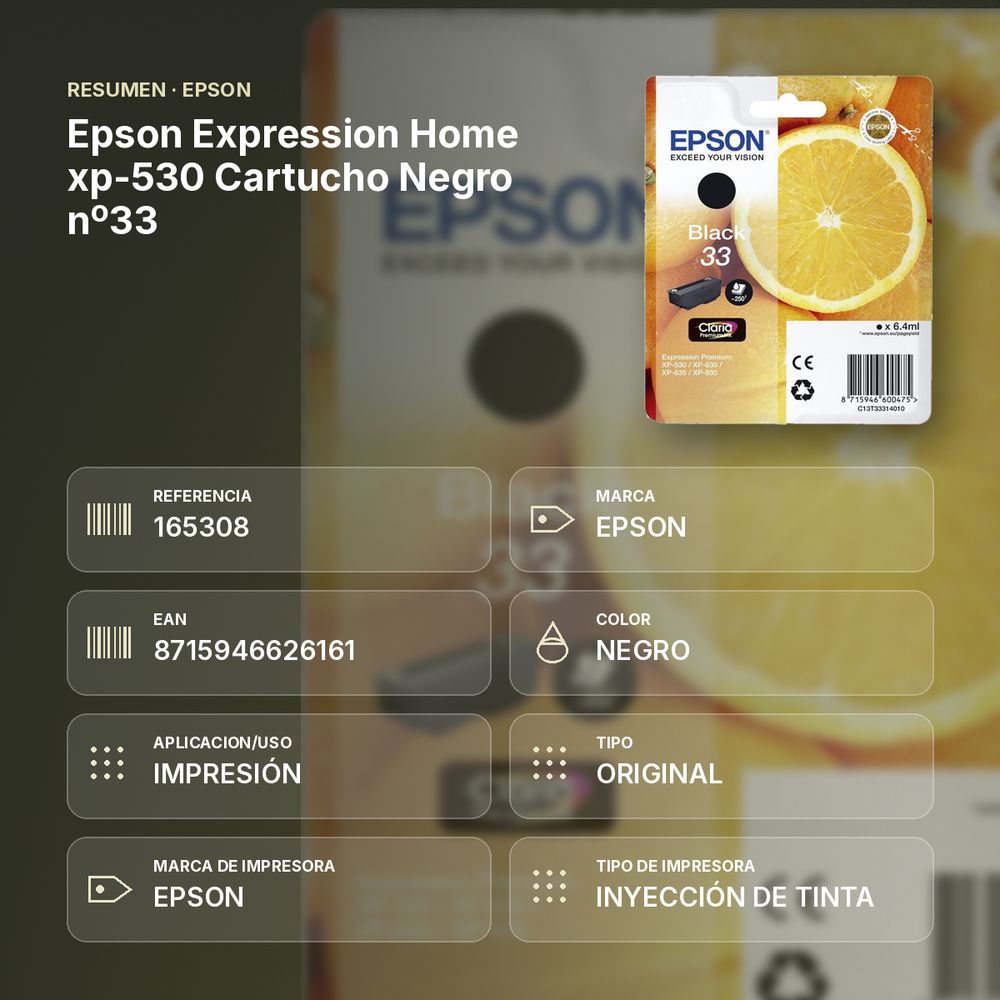 EPSON EXPRESSION HOME XP-530 CARTUCHO NEGRO Nº33 - resumen de atributos