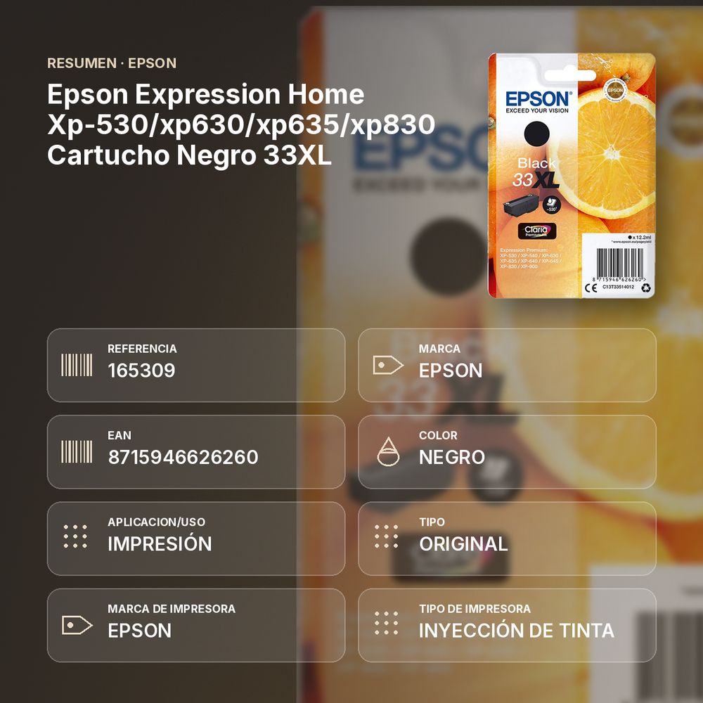 EPSON EXPRESSION HOME XP-530/XP630/XP635/XP830 CARTUCHO NEGRO 33XL - resumen de atributos