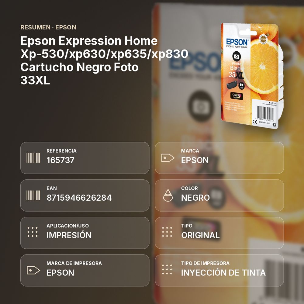 EPSON EXPRESSION HOME XP-530/XP630/XP635/XP830 CARTUCHO NEGRO FOTO 33XL - resumen de atributos