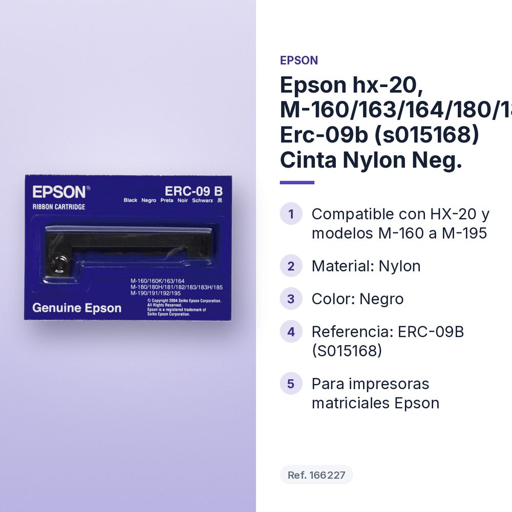 EPSON HX-20, M-160/163/164/180/181/182/183/185/190/191/192/195 ERC-09B (S015168) CINTA NYLON NEG. - características principales
