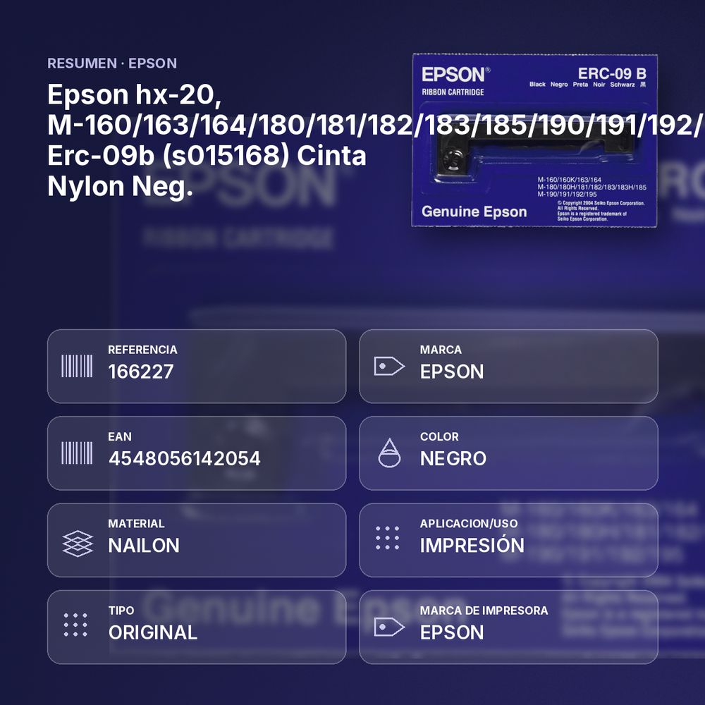 EPSON HX-20, M-160/163/164/180/181/182/183/185/190/191/192/195 ERC-09B (S015168) CINTA NYLON NEG. - resumen de atributos