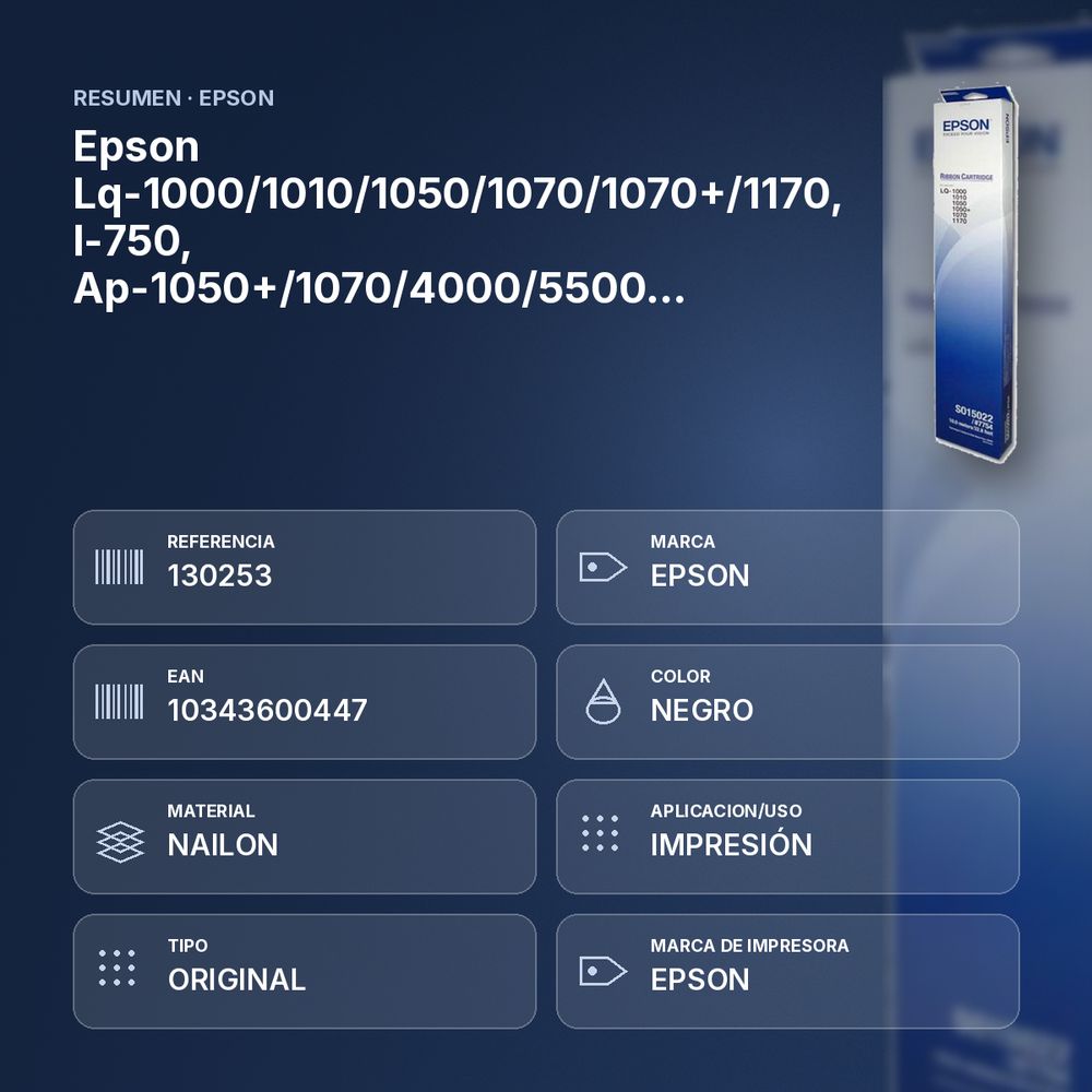 EPSON LQ-1000/1010/1050/1070/1070+/1170, L-750, AP-1050+/1070/4000/5500 CINTA NYLON NEGRO (7754) - resumen de atributos