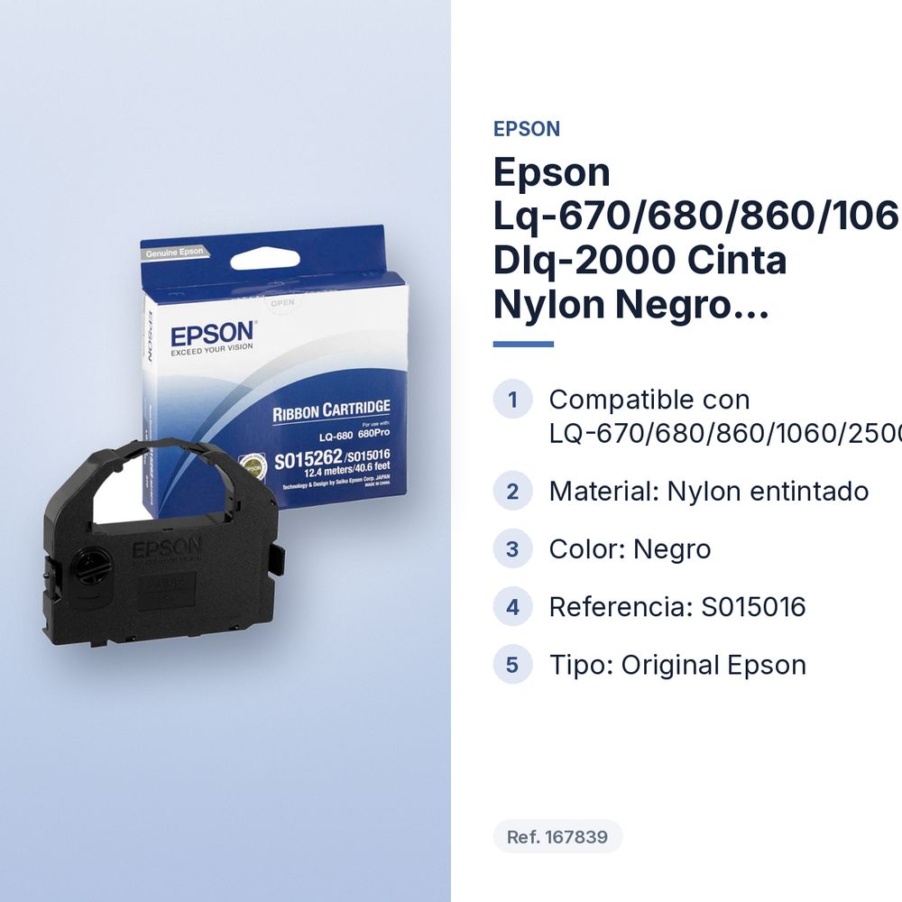 EPSON LQ-670/680/860/1060/2500/2550 DLQ-2000 CINTA NYLON NEGRO (S015016) - características principales