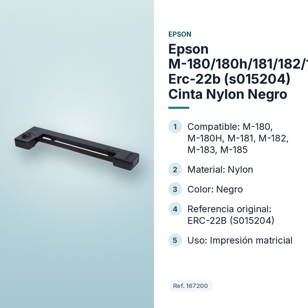EPSON M-180/180H/181/182/183/185 ERC-22B (S015204) CINTA NYLON NEGRO - características principales