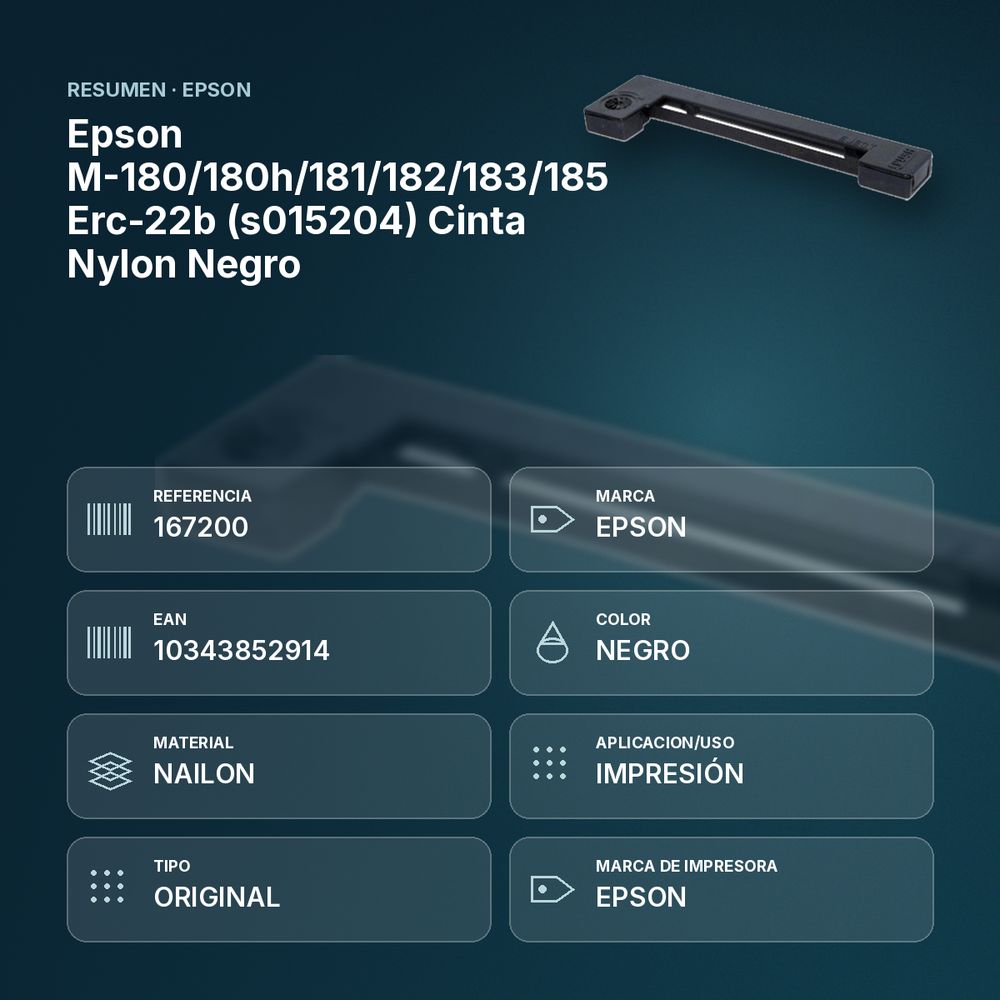 EPSON M-180/180H/181/182/183/185 ERC-22B (S015204) CINTA NYLON NEGRO - resumen de atributos