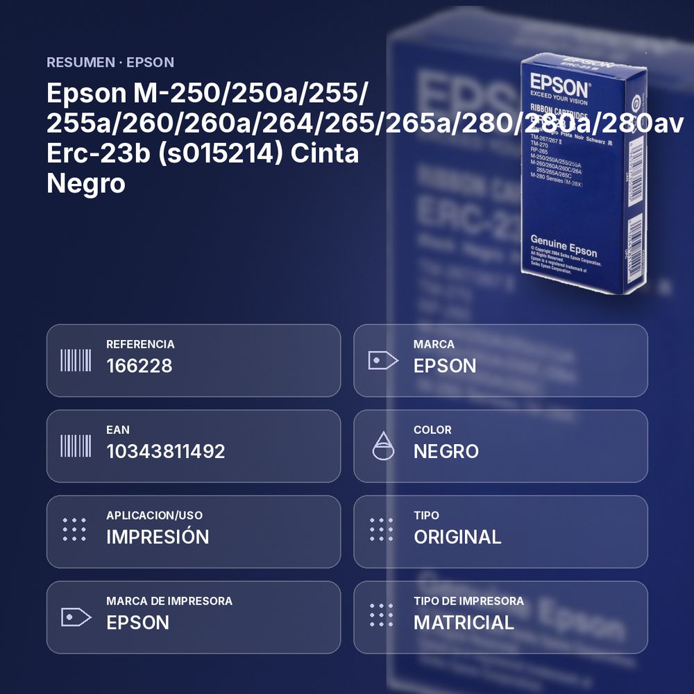 EPSON M-250/250A/255/ 255A/260/260A/264/265/265A/280/280A/280AV ERC-23B (S015214) CINTA NEGRO - resumen de atributos