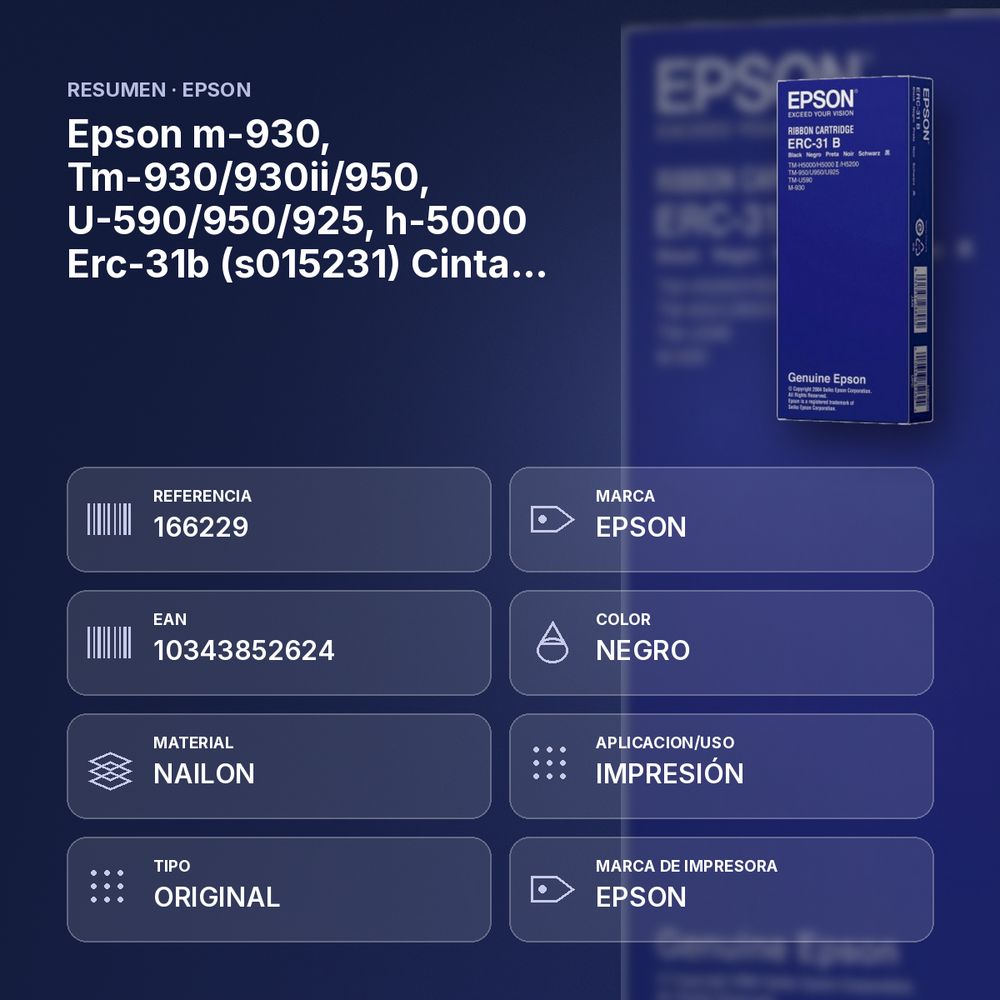 EPSON M-930, TM-930/930II/950, U-590/950/925, H-5000 ERC-31B (S015231) CINTA NYLON NEGRO - resumen de atributos