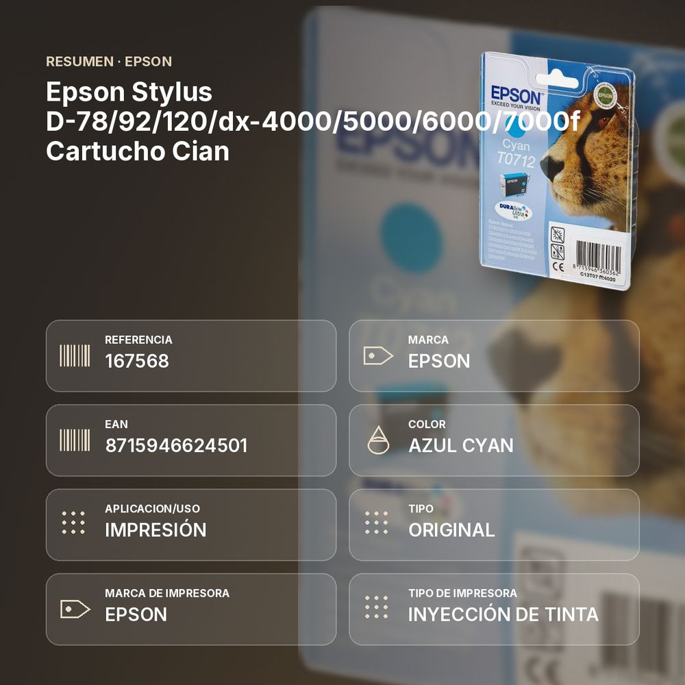 EPSON STYLUS D-78/92/120/DX-4000/5000/6000/7000F CARTUCHO CIAN - resumen de atributos
