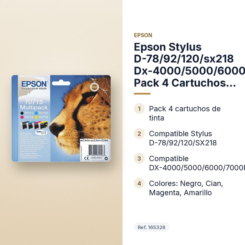 EPSON STYLUS D-78/92/120/SX218 DX-4000/5000/6000/7000F PACK 4 CARTUCHOS (T0711+T0712+T0713+T0714) - características principales